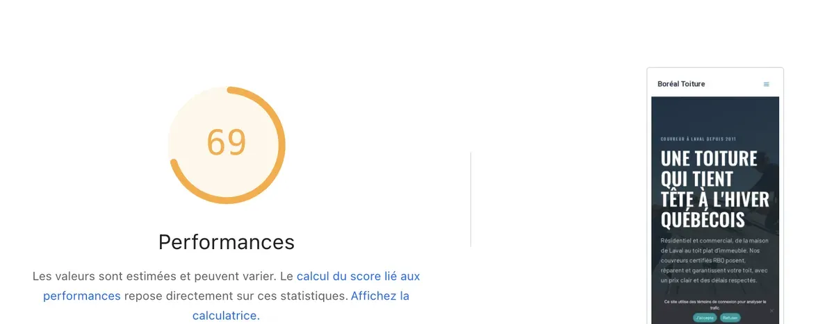 Rapport PageSpeed de la version WordPress: Performance 69, Accessibilité 94, Bonnes pratiques 100, SEO 100