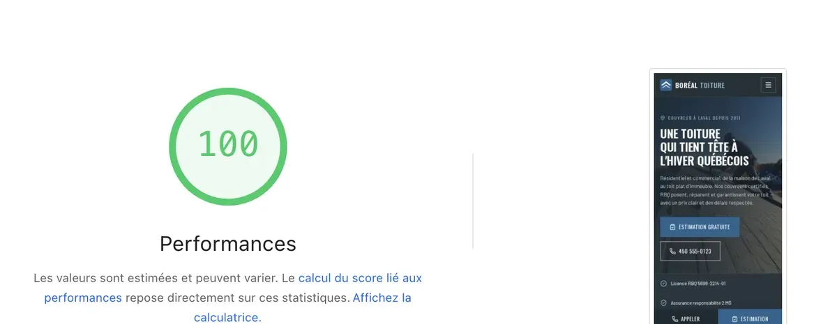 Rapport PageSpeed de notre version: 100 partout, Performance, Accessibilité, Bonnes pratiques et SEO