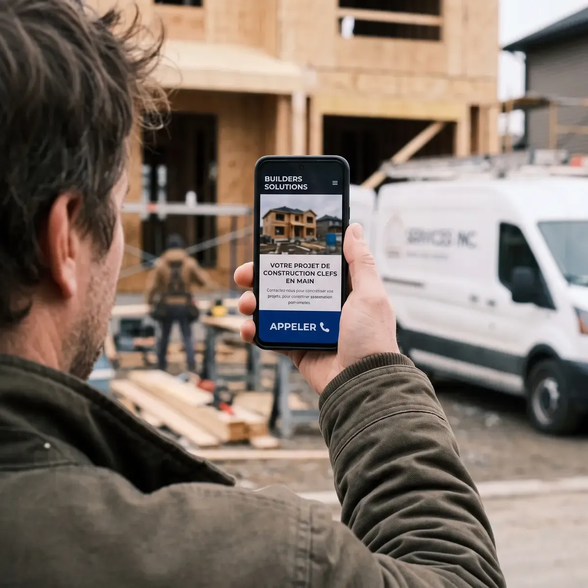 Une personne consulte un site web sur son téléphone, sur un chantier
